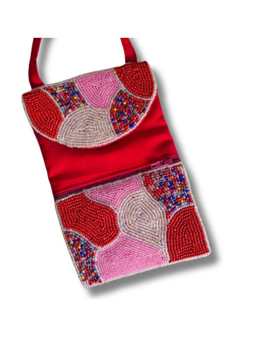 Pochette bandoulière perlée rouge et rose  - artisanat haïtien